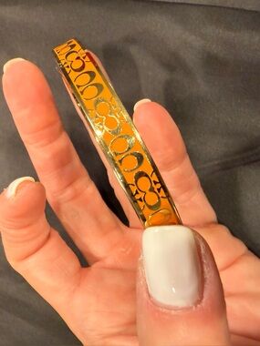 Coach Orange Enamel Signature C Hinged Bangle Bracelet Gold Tone